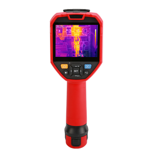 UNI-T UTI730V 320 Enhanced Series Video Thermal Imager - a red handheld device with a screen showing a thermal heat map, navigation buttons, and a grip.