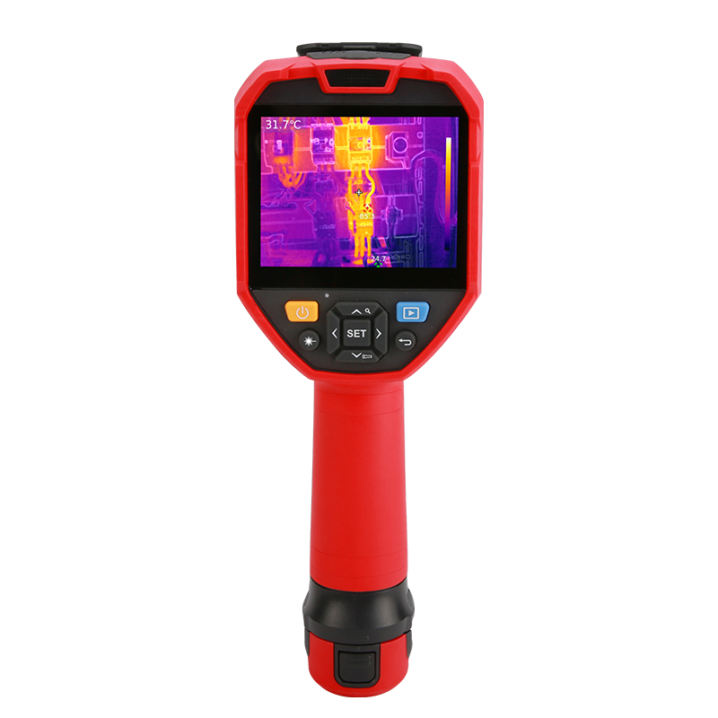 UNI-T UTI730V 320 Enhanced Series Video Thermal Imager - a red handheld device with a screen showing a thermal heat map, navigation buttons, and a grip.