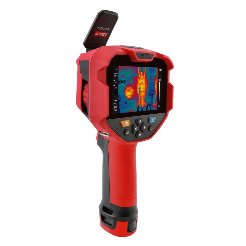 UNI-T UTI740H 384 H-Series Professional Thermal Imager - a screen displaying a thermal heat map, navigation buttons, and an open top port cover.