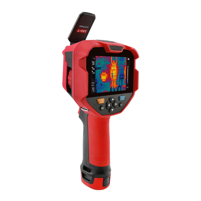 UNI-T UTI740H 384 H-Series Professional Thermal Imager - a screen with a thermal image, control buttons, and an open top port cover.