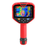 UNI-T UTI740H+ 400 Professional Enhanced Thermal Imager - a red handheld device with a screen showing a thermal heat map, navigation buttons, and a grip.