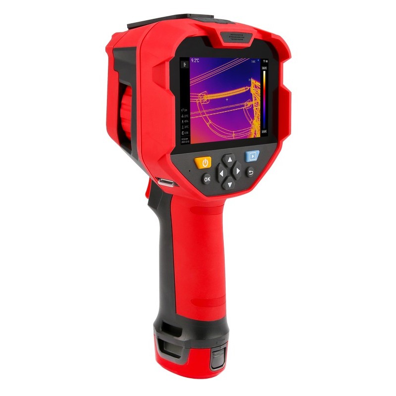 UNI-T UTI740H+ 400 Professional Enhanced Thermal Imager - a screen displaying a thermal image, control buttons, and a grip.