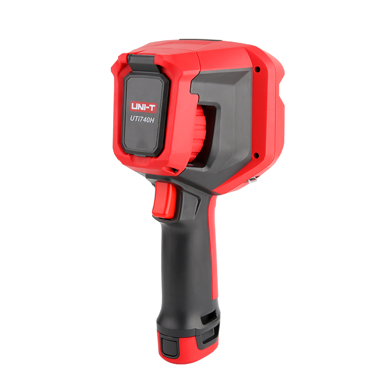 UNI-T UTI740H+ 400 Professional Enhanced Thermal Imager - in red and black, featuring a pistol-grip handle, a trigger button, and a covered port on the front housing.