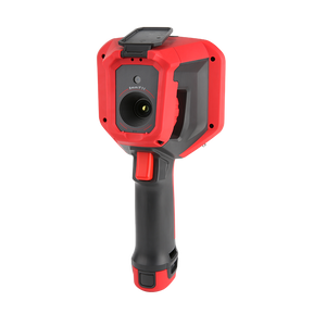 UNI-T UTI740H+ 400 Professional Enhanced Thermal Imager - a red and black handheld device with a central lens, top cover, and trigger button.