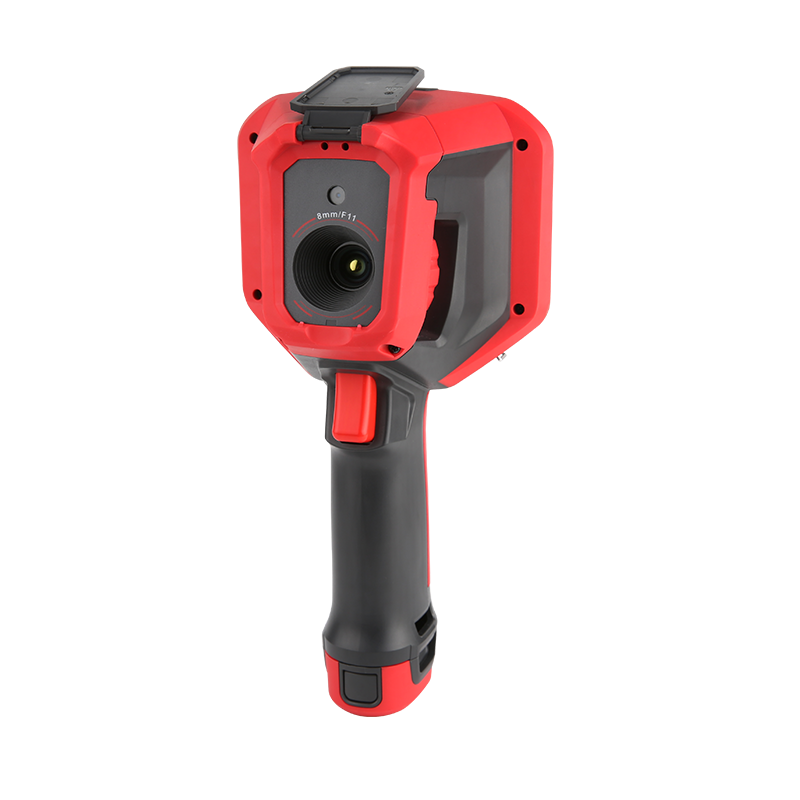 UNI-T UTI740H+ 400 Professional Enhanced Thermal Imager - a red and black handheld device with a central lens, top cover, and trigger button.