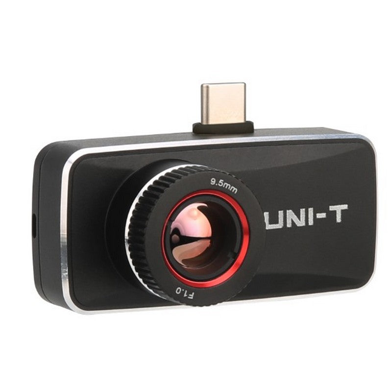 UNI-T UTI740M Android-only High-Resolution Smartphone Thermal Camera - a black rectangular device with a red-rimmed lens labeled 9.5mm and F1.0, featuring a top-mounted USB-C connector.
