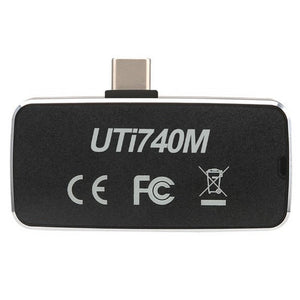 UNI-T UTI740M Android-only High-Resolution Smartphone Thermal Camera - a black rectangular device with a USB-C connector on top and the model name, CE, and FC markings printed on its face.