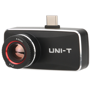 UNI-T UTI740M Android-only High-Resolution Smartphone Thermal Camera - a black rectangular device with a prominent lens, red ring, and a top-mounted USB-C connector.