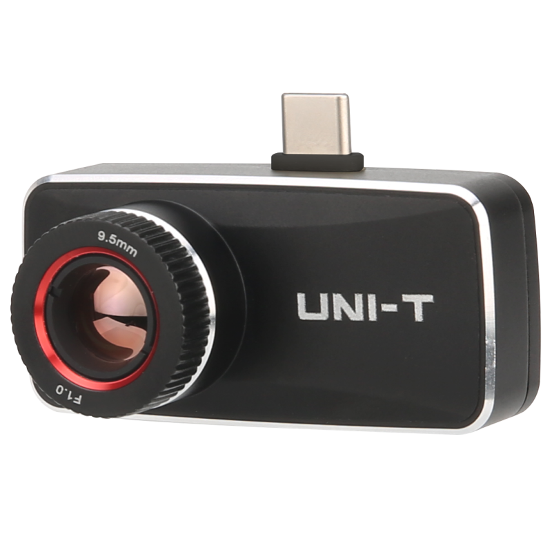 UNI-T UTI740M Android-only High-Resolution Smartphone Thermal Camera - a black rectangular device with a prominent lens, red ring, and a top-mounted USB-C connector.