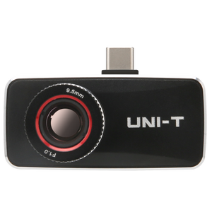 UNI-T UTI740M Android-only High-Resolution Smartphone Thermal Camera - a black rectangular body, a circular lens with red trim, and a top-mounted USB-C connector.