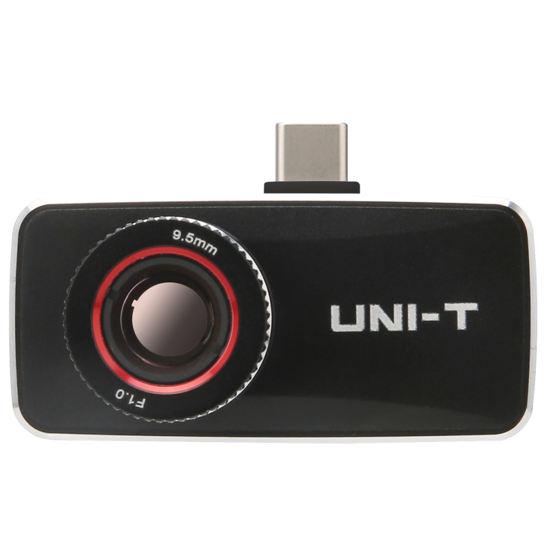 UNI-T UTI740M Android-only High-Resolution Smartphone Thermal Camera - a black rectangular body, a circular lens with red trim, and a top-mounted USB-C connector.