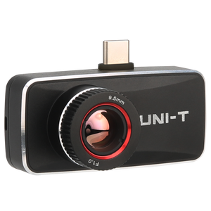 UNI-T UTI740M Android-only High-Resolution Smartphone Thermal Camera - a black rectangular device with a central lens marked 9.5mm F1.0 and a top-mounted USB-C connector.