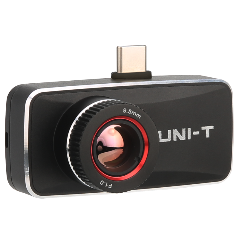 UNI-T UTI740M Android-only High-Resolution Smartphone Thermal Camera - a black rectangular device with a central lens marked 9.5mm F1.0 and a top-mounted USB-C connector.