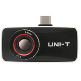 UNI-T UTI740MS Smartphone Thermal Camera for iOS and Android - a black, rectangular thermal imaging module featuring a circular lens with red trim and a USB-C connector.