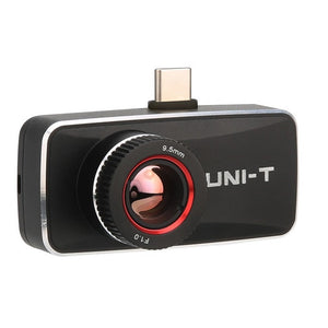 UNI-T UTI740MS Smartphone Thermal Camera for iOS and Android - a black, rectangular thermal imaging module with a circular lens, red trim, and a USB-C connector on top.