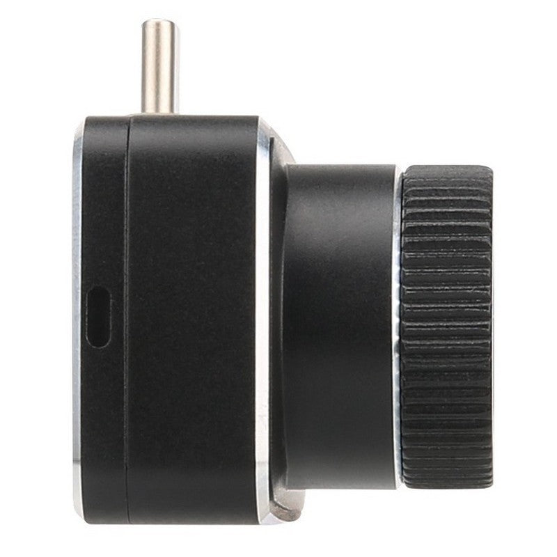 UNI-T UTI740MS Smartphone Thermal Camera for iOS and Android - a side-view close-up showing the black rectangular housing, a silver connector pin, and a textured focus ring.