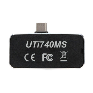 UNI-T UTI740MS Smartphone Thermal Camera for iOS and Android - a close-up of the black rectangular device body with a USB-C connector and printed text.