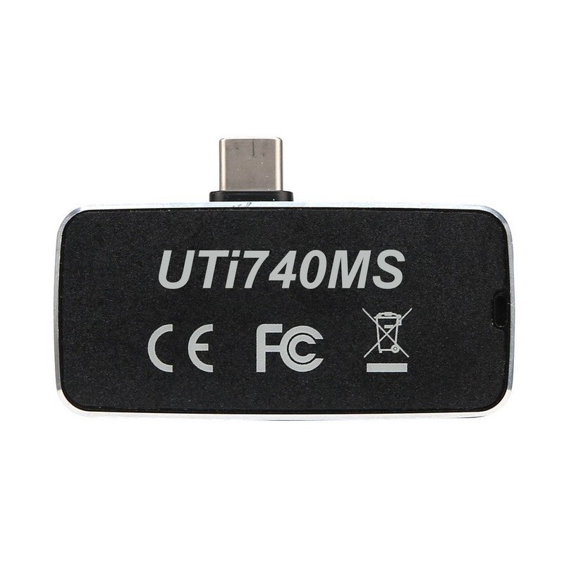 UNI-T UTI740MS Smartphone Thermal Camera for iOS and Android - a close-up of the black rectangular device body with a USB-C connector and printed text.