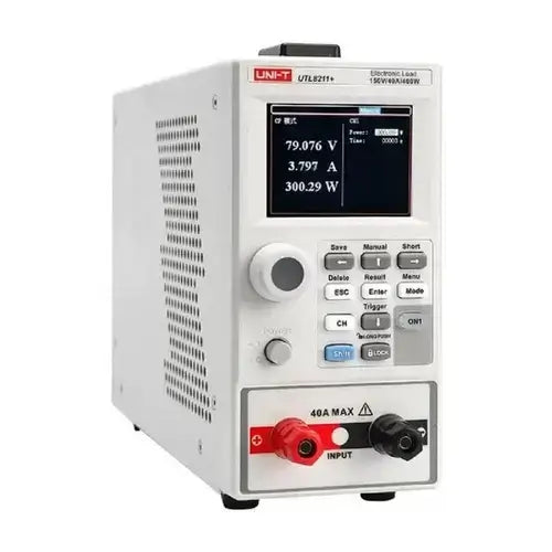 UNI-T UTL8211+ Programmable DC Electronic Load – 400 W, 0–150 V / 0–40 A, 5 kHz Dynamic, ¼ 4U, RS-232 (optional RS-485) - a digital display reading 79.076 V, 3.797 A, and 300.29 W, with a control panel and input ports.
