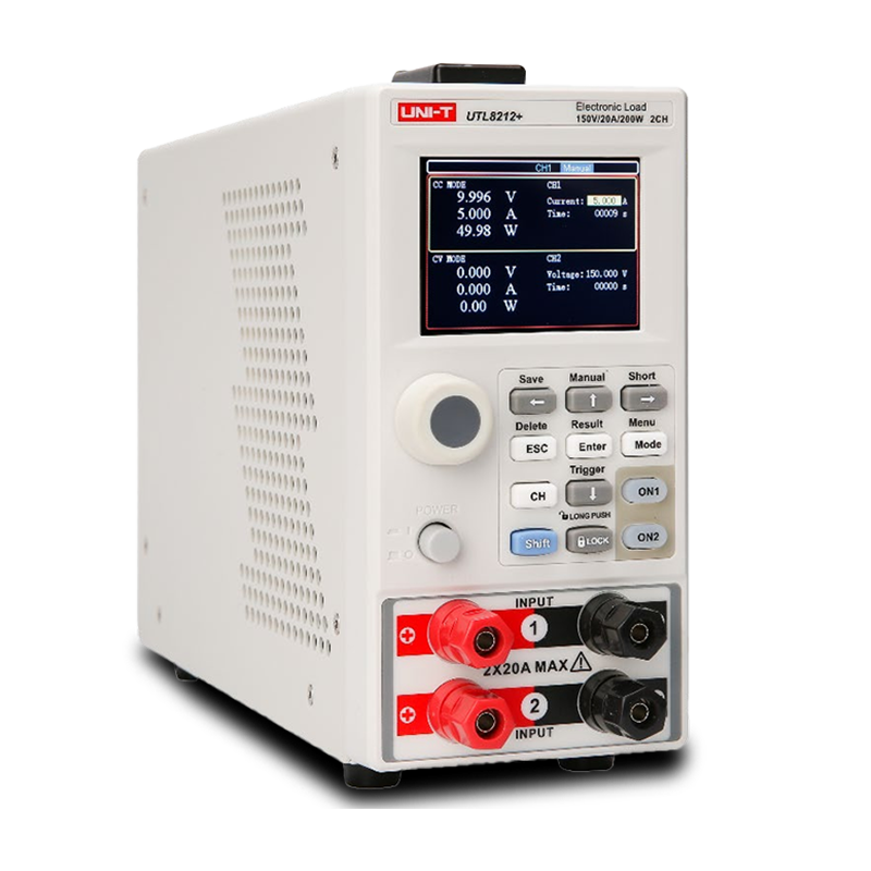 UNI-T UTL8212+ Programmable DC Electronic Load – 2 × 200 W, 0–150 V / 0–20 A, 5 kHz Dynamic, ¼ 4U, RS-232 (optional RS-485) - a white desktop unit with a digital display, control buttons, a rotary knob, and two sets of input terminals.
