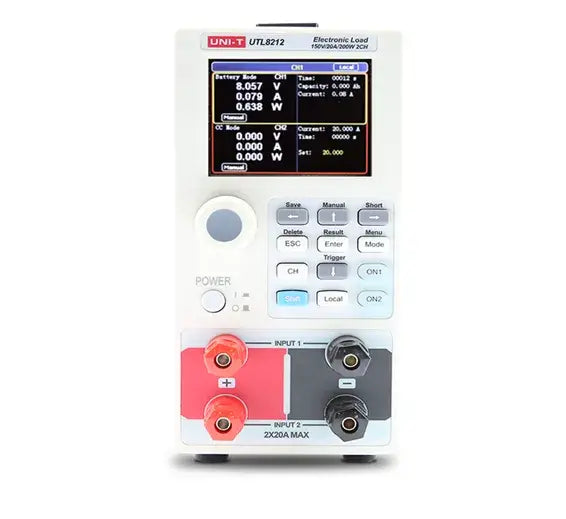 UNI-T UTL8212 Programmable DC Electronic Load – 200 W × 2 CH, 0–150 V / 0–20 A, 10 kHz Dynamic, ½ 2U, RS-232 - with a white chassis, digital display screen, control buttons, a rotary knob, and four input terminals.