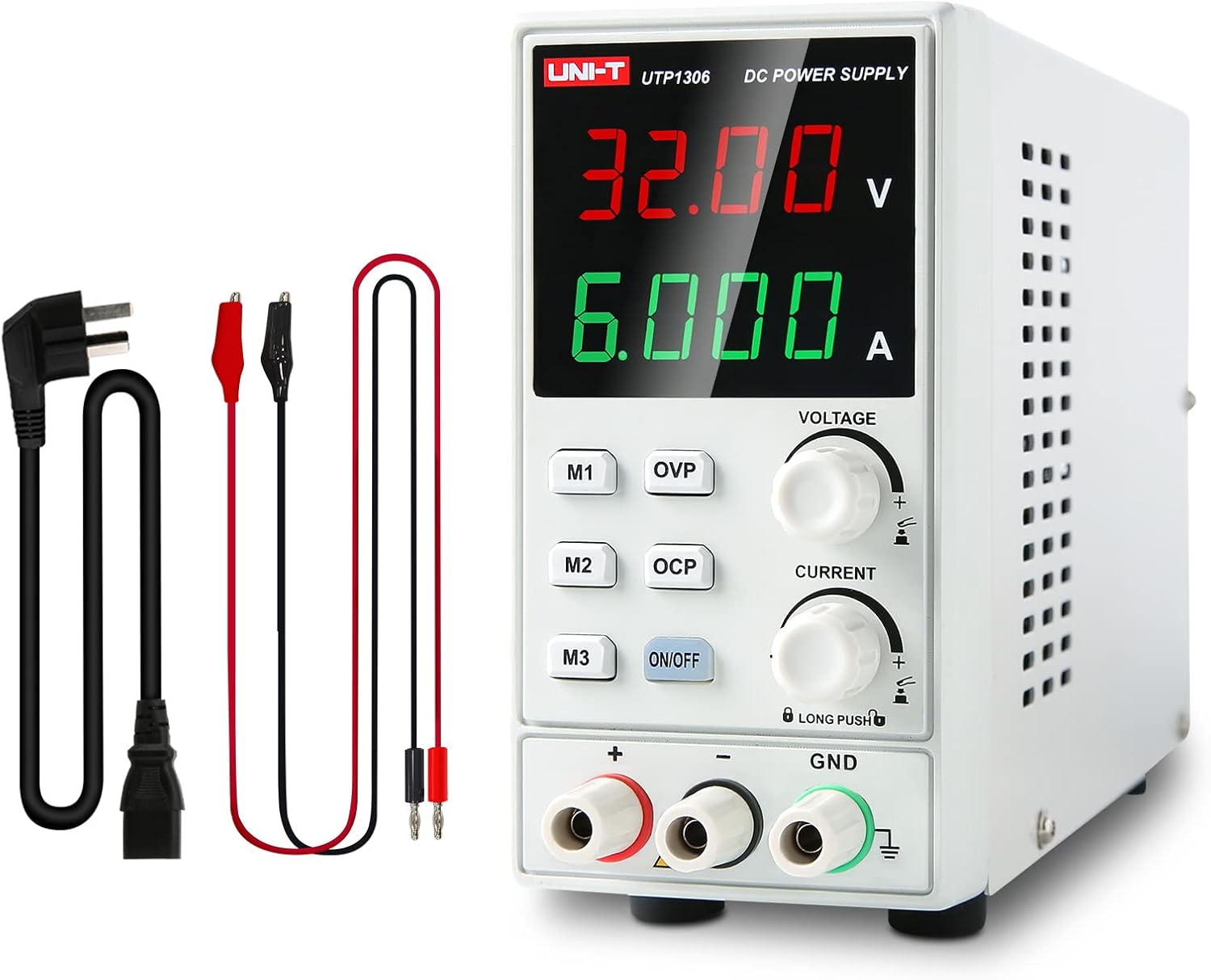 UNI-T UTP1306 Switching DC Power Supply – 192W Single Channel, 0–32V / 0–6A, 4-Digit LED, 10mV / 1mA Resolution, OVP & OCP, 3 Memory Presets - a white unit with a digital display reading 32.00V and 6.000A, control knobs, buttons, ports, and two cable sets.