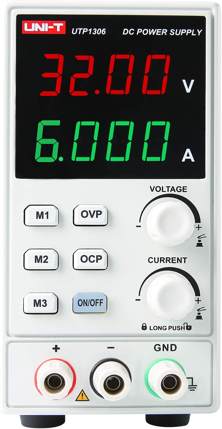 UNI-T UTP1306 Switching DC Power Supply – 192W Single Channel, 0–32V / 0–6A, 4-Digit LED, 10mV / 1mA Resolution, OVP & OCP, 3 Memory Presets - a white unit with a digital display reading 32.00V and 6.000A, control buttons, knobs, and output ports.