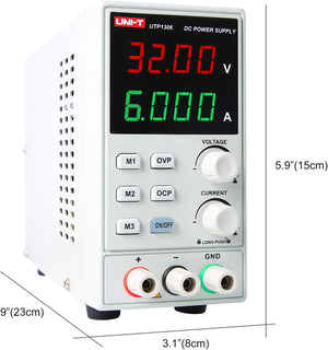 UNI-T UTP1306 Switching DC Power Supply – 192W Single Channel, 0–32V / 0–6A, 4-Digit LED, 10mV / 1mA Resolution, OVP & OCP, 3 Memory Presets - a 32.00V and 6.000A LED display, front control knobs, buttons, output terminals, and printed dimensions.