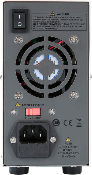UNI-T UTP1306 Switching DC Power Supply – 192W Single Channel, 0–32V / 0–6A, 4-Digit LED, 10mV / 1mA Resolution, OVP & OCP, 3 Memory Presets - cooling fan, 110V/220V AC selector switch, power input port, and fuse compartment.