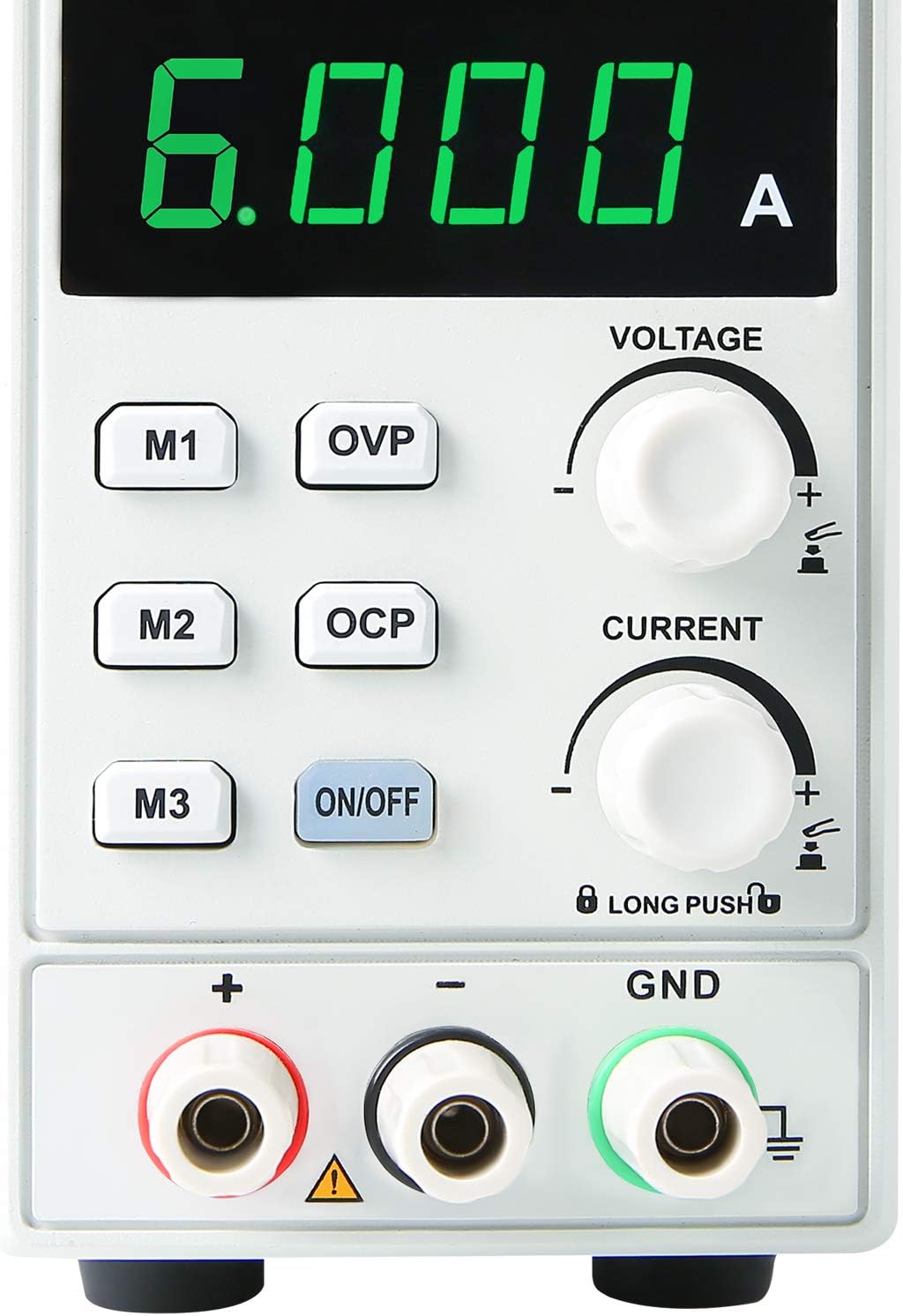 UNI-T UTP1306 Switching DC Power Supply – 192W Single Channel, 0–32V / 0–6A, 4-Digit LED, 10mV / 1mA Resolution, OVP & OCP, 3 Memory Presets - a close-up of the white front panel showing a green 6.000 A display, control buttons, two adjustment knobs, and three output terminals.