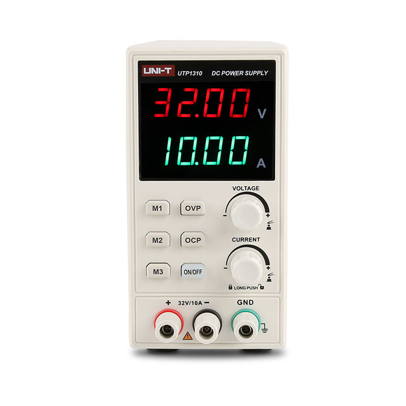 UNI-T UTP1310 Switching DC Power Supply – 320W Single Channel, 0–32V / 0–10A, 4-Digit LED, 10mV / 1mA Resolution, OVP & OCP, 3 Memory Presets - a white unit with a digital display reading 32.00V and 10.00A, control knobs, buttons, and three output terminals.