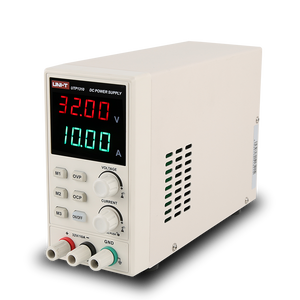 UNI-T UTP1310 Switching DC Power Supply – 320W Single Channel, 0–32V / 0–10A, 4-Digit LED, 10mV / 1mA Resolution, OVP & OCP, 3 Memory Presets - a beige rectangular unit with a red and green LED display showing 32.00V and 10.00A, control knobs, buttons, and ports.