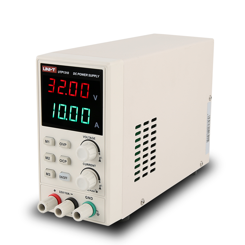 UNI-T UTP1310 Switching DC Power Supply – 320W Single Channel, 0–32V / 0–10A, 4-Digit LED, 10mV / 1mA Resolution, OVP & OCP, 3 Memory Presets - a beige rectangular unit with a red and green LED display showing 32.00V and 10.00A, control knobs, buttons, and ports.