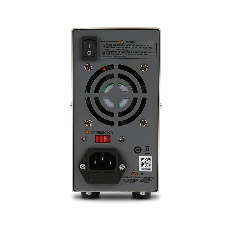 UNI-T UTP1310 Switching DC Power Supply – 320W Single Channel, 0–32V / 0–10A, 4-Digit LED, 10mV / 1mA Resolution, OVP & OCP, 3 Memory Presets - a cooling fan, power switch, AC power input with fuse holder, and a red 220V AC selector switch on a grey metal casing.
