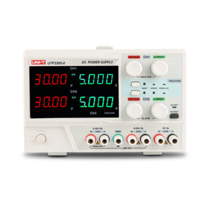 UNI-T UTP3305-II 335W Linear DC Power Supply – 3 Channel, 2× 0–32V / 0–5A + 5V/3A, Series/Parallel, 10 mV / 1 mA LED - a white benchtop unit with two digital displays showing 30.00V and 5.000A, control knobs, buttons, and output terminals.