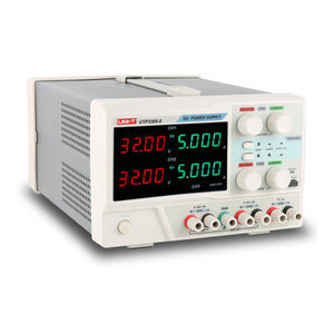 UNI-T UTP3305-II 335W Linear DC Power Supply – 3 Channel, 2× 0–32V / 0–5A + 5V/3A, Series/Parallel, 10 mV / 1 mA LED - a white and grey benchtop unit with two digital displays showing 32.00V and 5.000A, control knobs, and output terminals.