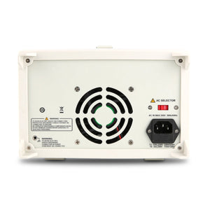 UNI-T UTP3305-II 335W Linear DC Power Supply – 3 Channel, 2× 0–32V / 0–5A + 5V/3A, Series/Parallel, 10 mV / 1 mA LED - a cooling fan, a red AC selector switch, a power input connector, and warning labels on a white rectangular housing.
