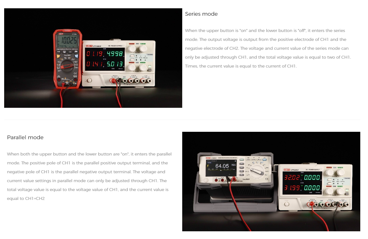 UNI-T UTP3305-II 335W Linear DC Power Supply – 3 Channel, 2× 0–32V / 0–5A + 5V/3A, Series/Parallel, 10 mV / 1 mA LED - series mode with a red digital multimeter reading 10.025V and parallel mode with a screen reading 64.05V.