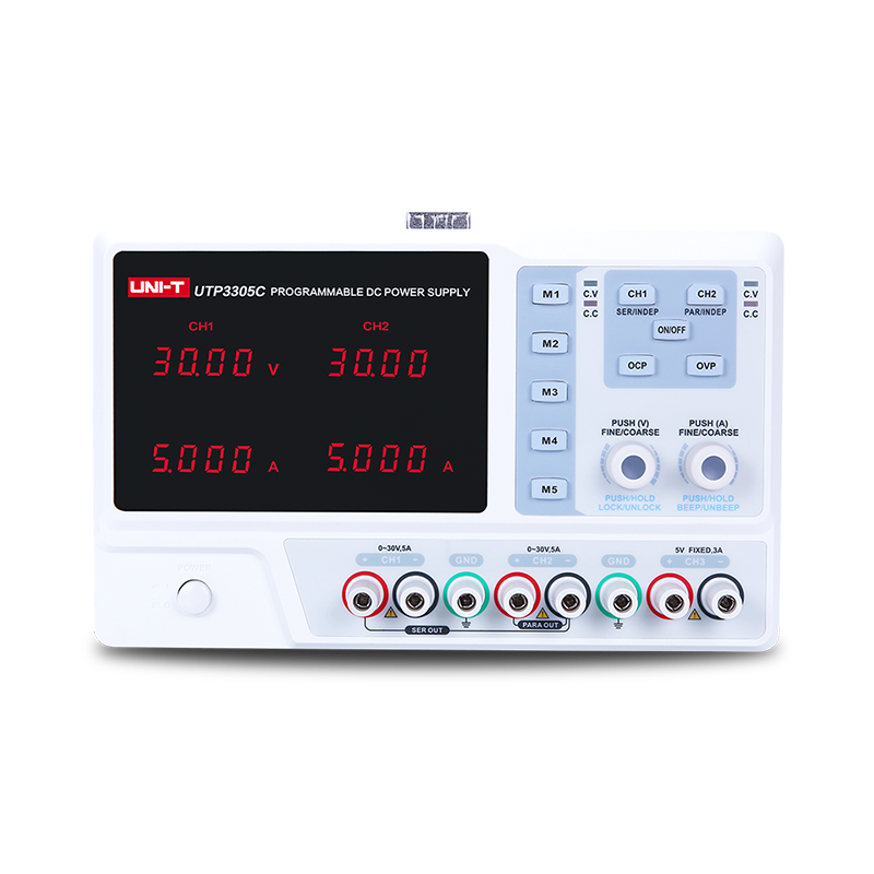 UNI-T UTP3305C 315W Programmable Linear DC Power Supply – 3 Channel, 2× 0–30V / 0–5A + 5V/3A Fixed, Series & Parallel, USB & RS-232 - a white unit with two digital displays reading 30.00V and 5.000A, control buttons, and output terminals.