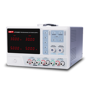 UNI-T UTP3305C 315W Programmable Linear DC Power Supply – 3 Channel, 2× 0–30V / 0–5A + 5V/3A Fixed, Series & Parallel, USB & RS-232 - a white and grey chassis with two digital displays reading 30.00V and 5.000A, knobs, and ports.