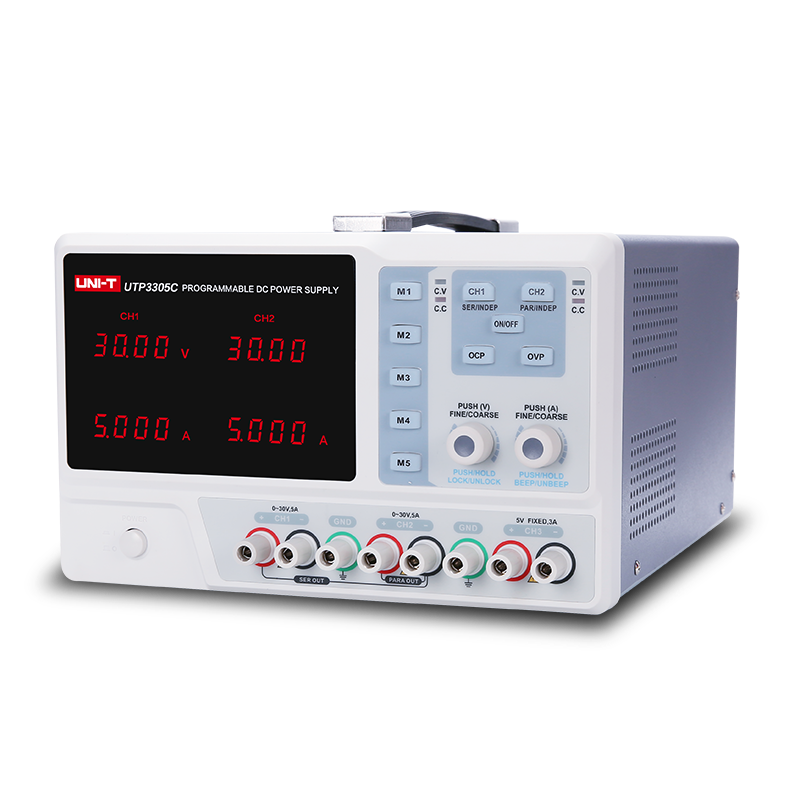 UNI-T UTP3305C 315W Programmable Linear DC Power Supply – 3 Channel, 2× 0–30V / 0–5A + 5V/3A Fixed, Series & Parallel, USB & RS-232 - a white and grey chassis with two digital displays reading 30.00V and 5.000A, knobs, and ports.