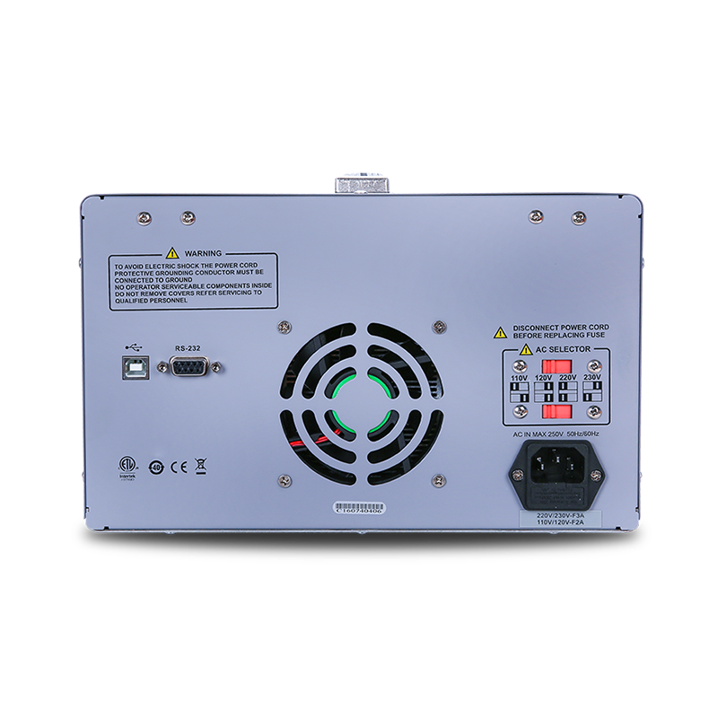 UNI-T UTP3305C 315W Programmable Linear DC Power Supply – 3 Channel, 2× 0–30V / 0–5A + 5V/3A Fixed, Series & Parallel, USB & RS-232 - a cooling fan, USB port, RS-232 port, AC power input, and a voltage selector switch with 110V, 120V, 220V, 230V options.