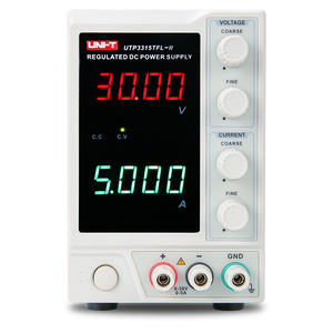 UNI-T UTP3315TFL-II 150W Linear DC Power Supply – Single Channel, 0–30V / 0–5A, 4-Digit LED, 10 mV / 1 mA, Auto CV/CC - a white unit with four knobs, a red 30.00V display, green 5.000A display, and three output terminals.