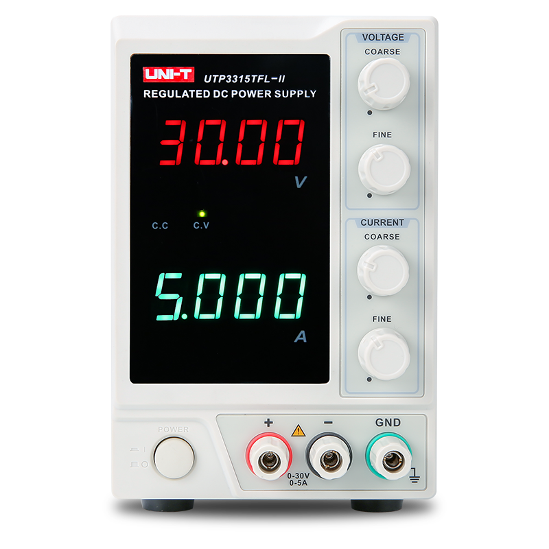 UNI-T UTP3315TFL-II 150W Linear DC Power Supply – Single Channel, 0–30V / 0–5A, 4-Digit LED, 10 mV / 1 mA, Auto CV/CC - a white unit with four knobs, a red 30.00V display, green 5.000A display, and three output terminals.