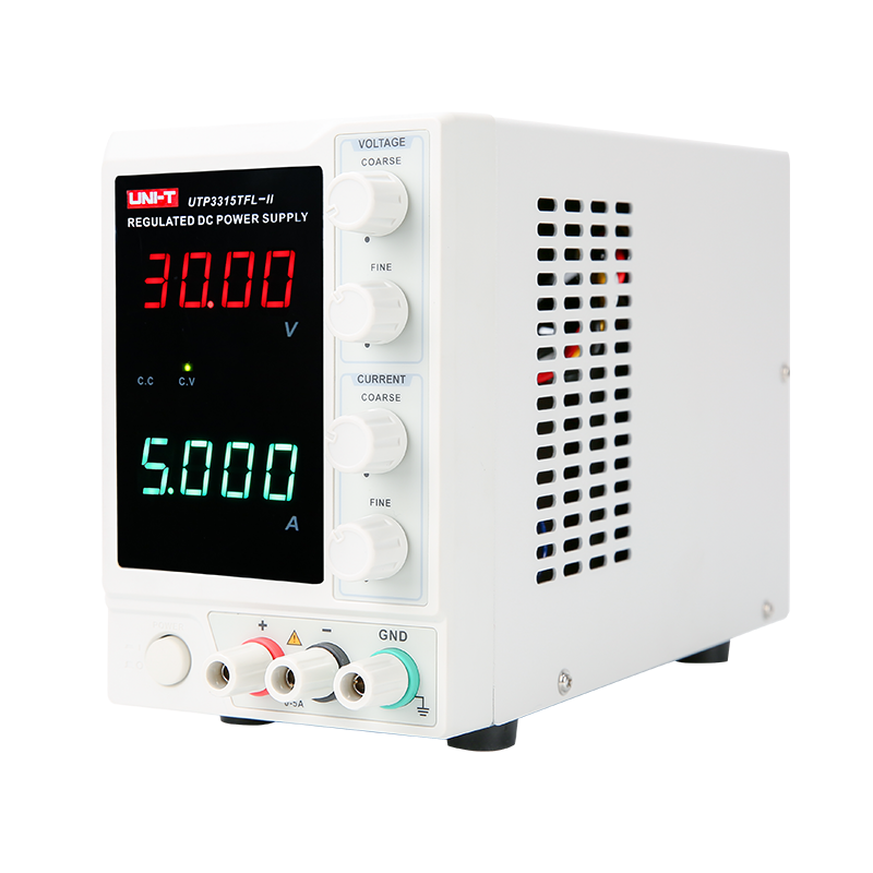 UNI-T UTP3315TFL-II 150W Linear DC Power Supply – Single Channel, 0–30V / 0–5A, 4-Digit LED, 10 mV / 1 mA, Auto CV/CC - a white unit with four adjustment knobs, a red voltage display at 30.00, and a green current display at 5.000.