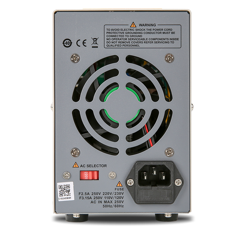 UNI-T UTP3315TFL-II 150W Linear DC Power Supply – Single Channel, 0–30V / 0–5A, 4-Digit LED, 10 mV / 1 mA, Auto CV/CC - a cooling fan, an AC power input, a 220V red voltage selector switch, and a fuse rating label.