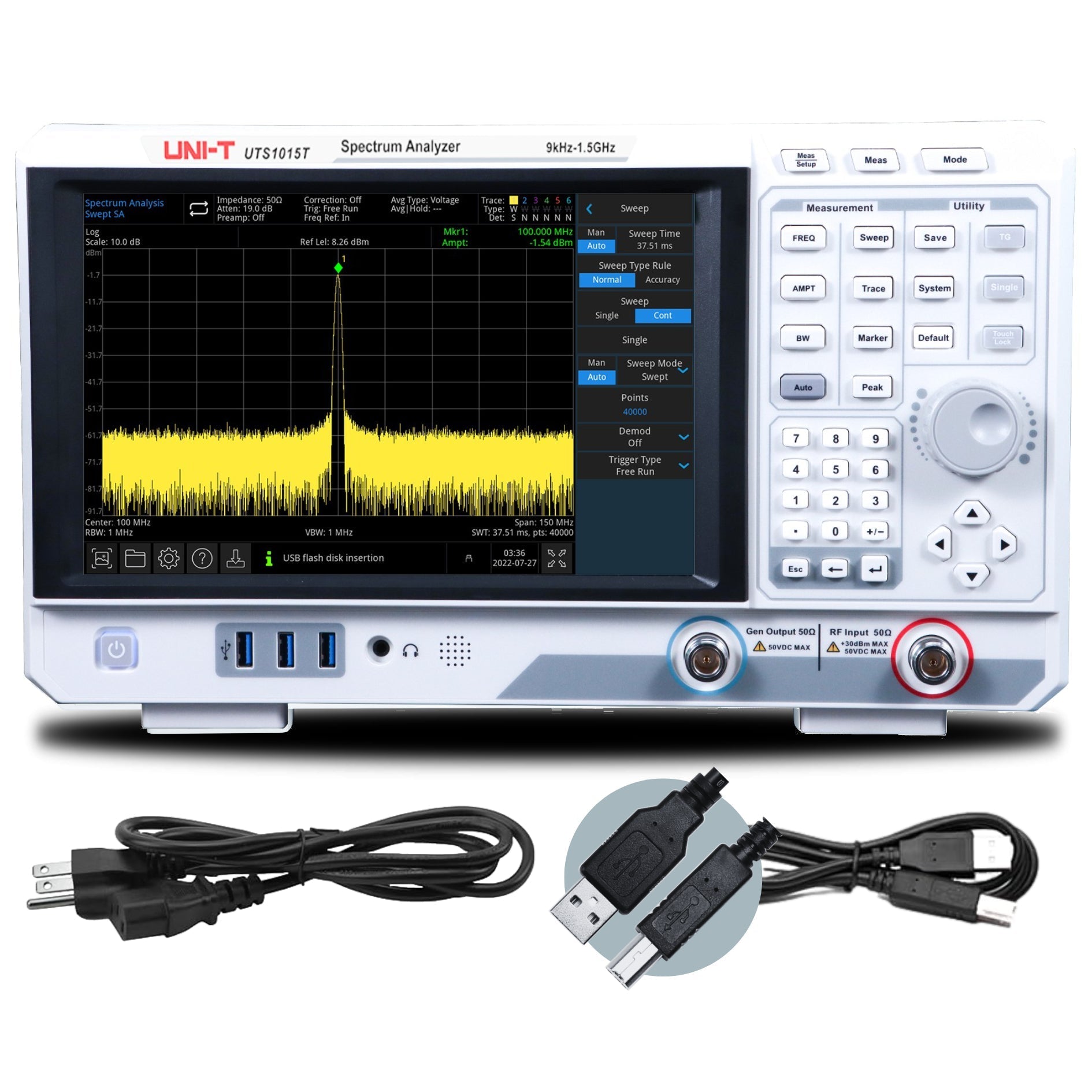 UNI-T UTS1015T 1.5 GHz Spectrum Analyzer with Tracking Generator - a signal on its screen, with a power cable and a USB cable included below the device.
