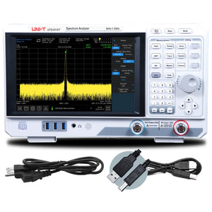 UNI-T UTS1015T 1.5 GHz Spectrum Analyzer with Tracking Generator - a signal on its screen, with a power cable and a USB cable included below the device.