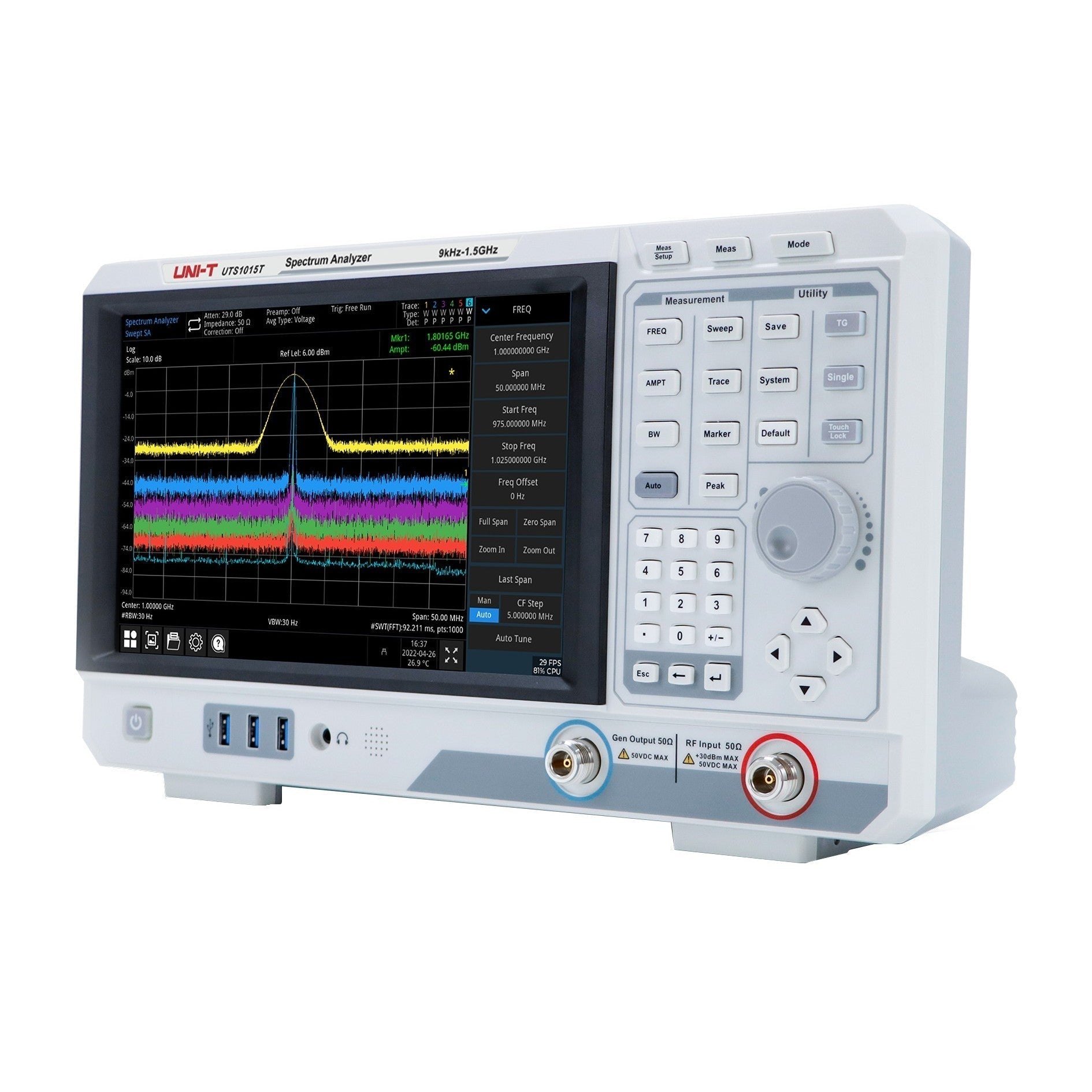 UNI-T UTS1015T 1.5 GHz Spectrum Analyzer with Tracking Generator - white housing with a front display showing frequency data, control buttons, a rotary knob, and two input ports.