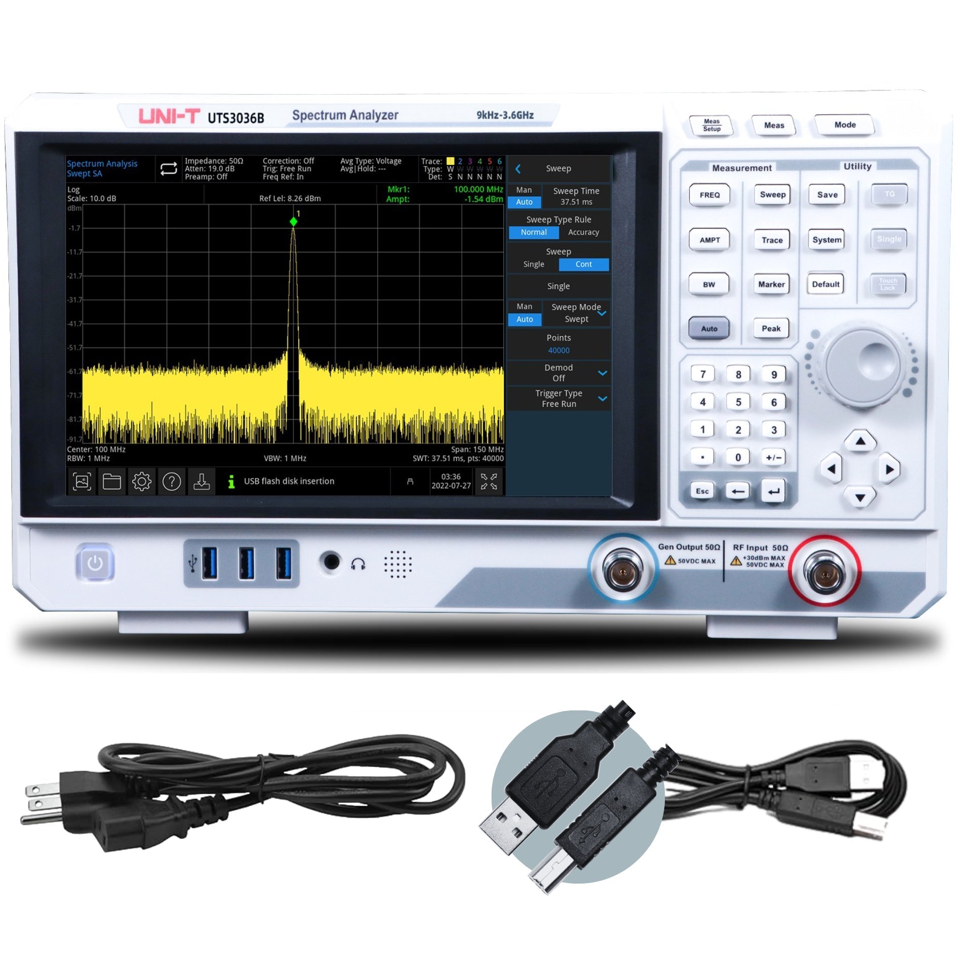 UNI-T UTS3036B 3.6 GHz Performance-Series Spectrum Analyzer - a signal on its display screen, with a power cable and a USB cable included below the main unit.